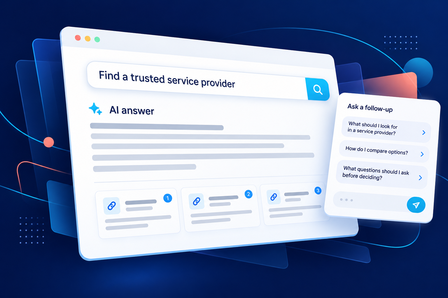 Illustrative AI search results with an answer summary, cited sources, and follow-up questions